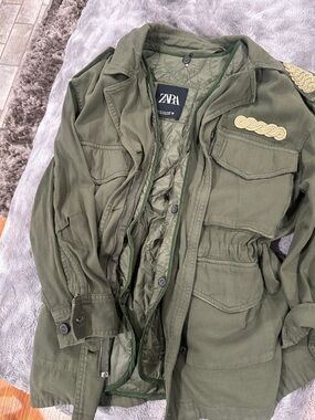 Zara Olive Green Military Field Jacket with Braid Detail